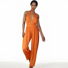 Woman wearing an orange jumpsuit on a white background