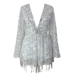 Silver sequin dress with long sleeves on a white background