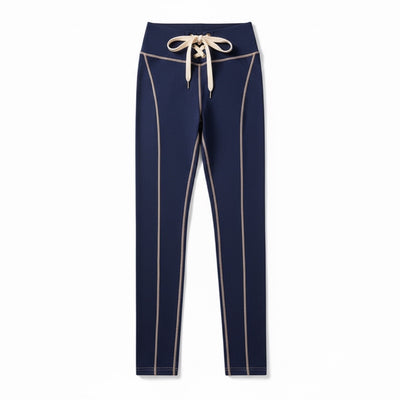 Navy blue pants with white stripes on a white background