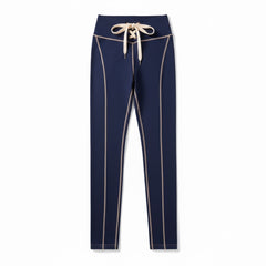 Navy blue pants with white stripes on a white background