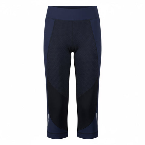 Black and blue athletic leggings on a white background