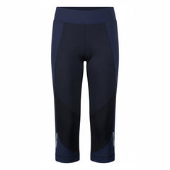 Black and blue athletic leggings on a white background