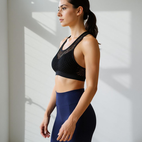 Woman wearing a black sports bra and blue leggings against a light background