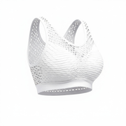 White sports bra with mesh design on a white background