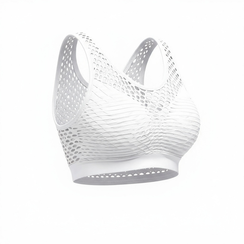 White sports bra with mesh design on a white background
