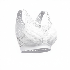 White sports bra with mesh design on a white background