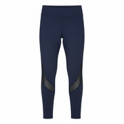 Navy blue leggings with mesh panels on a white background