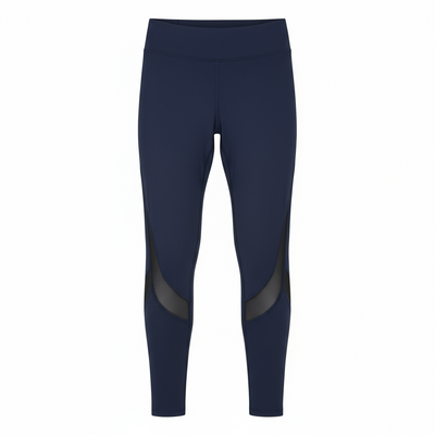 Navy blue leggings with mesh panels on a white background