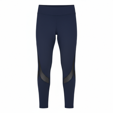 Navy blue leggings with mesh panels on a white background