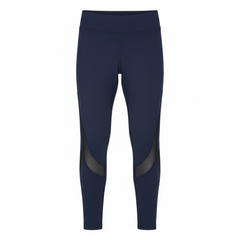 Navy blue leggings with mesh panels on a white background