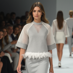 On the runway, a model wears Nik Spruill's WAVES TOP, a gray dress featuring mesh sleeves, feather trim, and neoprene materials, captivating the audience in the background.