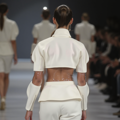 On the runway, a model flaunts Nik Spruill's OCEAN 7 JACKET with its white structured design, exaggerated shoulders, and sheer sections, elegantly striding through the fashion show as the audience admires from their seats.
