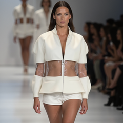 Model walks runway wearing a Nik Spruill Ocean 7 Jacket with sheer panels and metallic shorts, crafted from innovative three-dimensional spacer fabric. Audience in background.