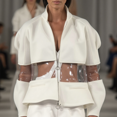 A model showcases the Nik Spruill OCEAN 7 JACKET, designed with exaggerated shoulders and a clear midsection using three-dimensional spacer fabric, featured in a fashion show.