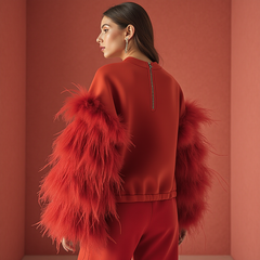 An individual styled in a Nik Spruill AIR SPACE RED TOP, featuring striking puff sleeves, stands against a coordinating red backdrop.