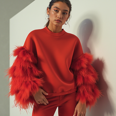 Someone wearing the Nik Spruill AIR SPACE RED TOP with feathered sleeves stands against a cream-colored wall, highlighting its dramatic puff sleeves.