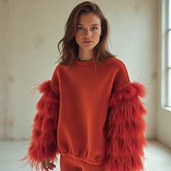 An individual is indoors wearing a Nik Spruill AIR SPACE RED TOP featuring striking red feathered sleeves.