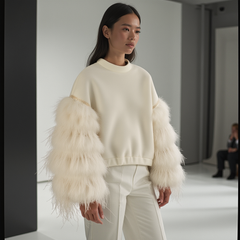 Model on runway in a Nik Spruill AIR SPACE OFF WHITE TOP featuring feather sleeves and leather pants, showcasing the latest fashion. Audience visible in background.