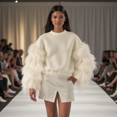Model on runway in a Nik Spruill AIR SPACE OFF WHITE TOP featuring fluffy sleeves and metallic pants, showcasing the latest made-to-order fashion. Audience visible in background.