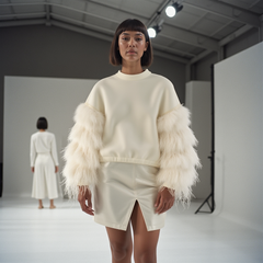 A model struts down the runway in a Nik Spruill AIR SPACE OFF WHITE TOP with feathered sleeves, paired with white pants skirt. 