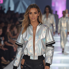 A model strides down the runway in a Nik Spruill ILLUMINATE customized silver metallic jacket paired with black pants, followed closely by others in similar attire.