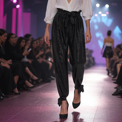 a model on the runway wearin black sequin Nik Spruill pants with tie at the bottom and waist.