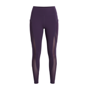 Purple leggings with mesh panels on a white background