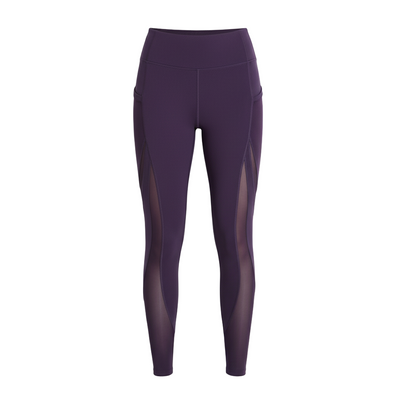 Purple leggings with mesh panels on a white background