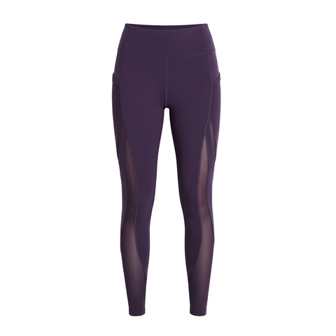 Purple leggings with mesh panels on a white background