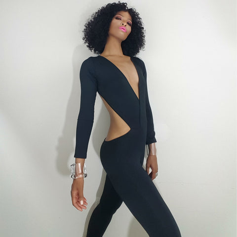 model side view, One Stut Models don't do it video black jumpsuit, model Nicole Spruill front view, natural curly hairstyle, 