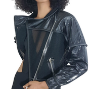 front view, leather eel skin jacket, Nik Spruill Couture, black leather jacket, Amazon, motorcycle jacket, zippered jacket