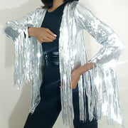 product image front view, Nik spruill brand, heavy sequined silver steel fringe jacket, celebrity high fashion haute couture, celebrity stylist jacket