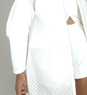 closeup image of white bell sleeve coat neoprene material