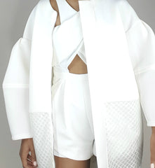 white bell sleeve neoprene, mesh coat with criss cross romper