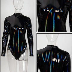 A mannequin wearing a shiny black NIKKI 6 TOP by Nik Spruill bodysuit.