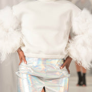 Nik Spruill ostrich feather Neoprene off white top, ready-to-wear, close up view