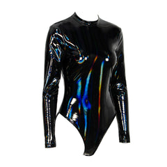 A shiny Nik Spruill bodysuit with long sleeves: the NIKKI 6 TOP.
