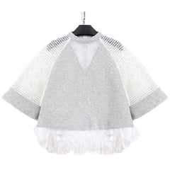 A grey and white Nik Spruill WAVES TOP with white fringes.