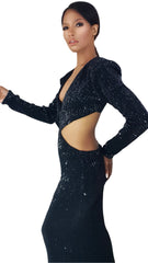 A woman in a Nik Spruill Aja Sequined Cut Out Dress - Black posing for a picture.