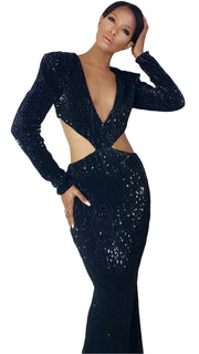 A woman in a Nik Spruill Aja Sequined Cut Out Dress - Black posing for a picture.