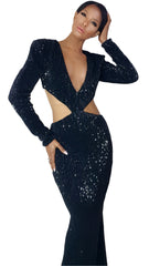 A woman in a Nik Spruill Aja Sequined Cut Out Dress - Black posing for a picture.