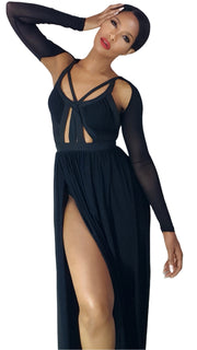 A woman in a Nik Spruill Session sheer strappy maxi dress - black posing for a picture.