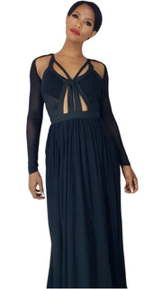 A woman wearing a Nik Spruill Session sheer strappy maxi dress - black with a cut out back.
