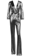 A Nik Spruill DASS silver metallic jumpsuit with a tie around the waist.