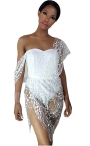 A woman wearing the Nik Spruill Truth Draped Crochet Midi Dress - White with sheer sheers.
