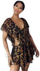 A woman wearing a Nik Spruill Sahaja leopard Cutout Romper.