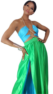 A woman in a Nik Spruill Love Color Block Chain Link Dress.