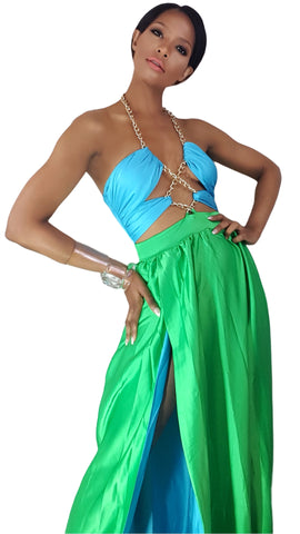 A woman in a Nik Spruill Love Color Block Chain Link Dress.