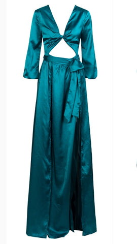 A blue Limitless Double Slit Maxi Dress by Nik Spruill with a cut out back.