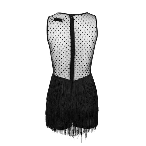 A Nik Spruill black and white Lauren Fringe Romper with polka dots.